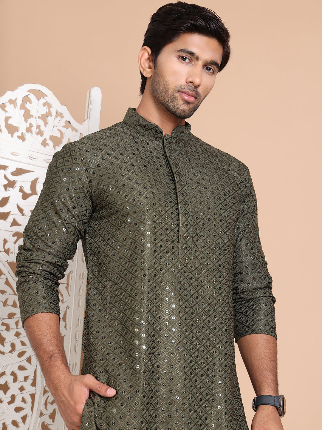 Embroidered and Sequence Kurta with Pyjama For Men ( JOKP P 5098Mehndi ) [FF] [J-2-3]