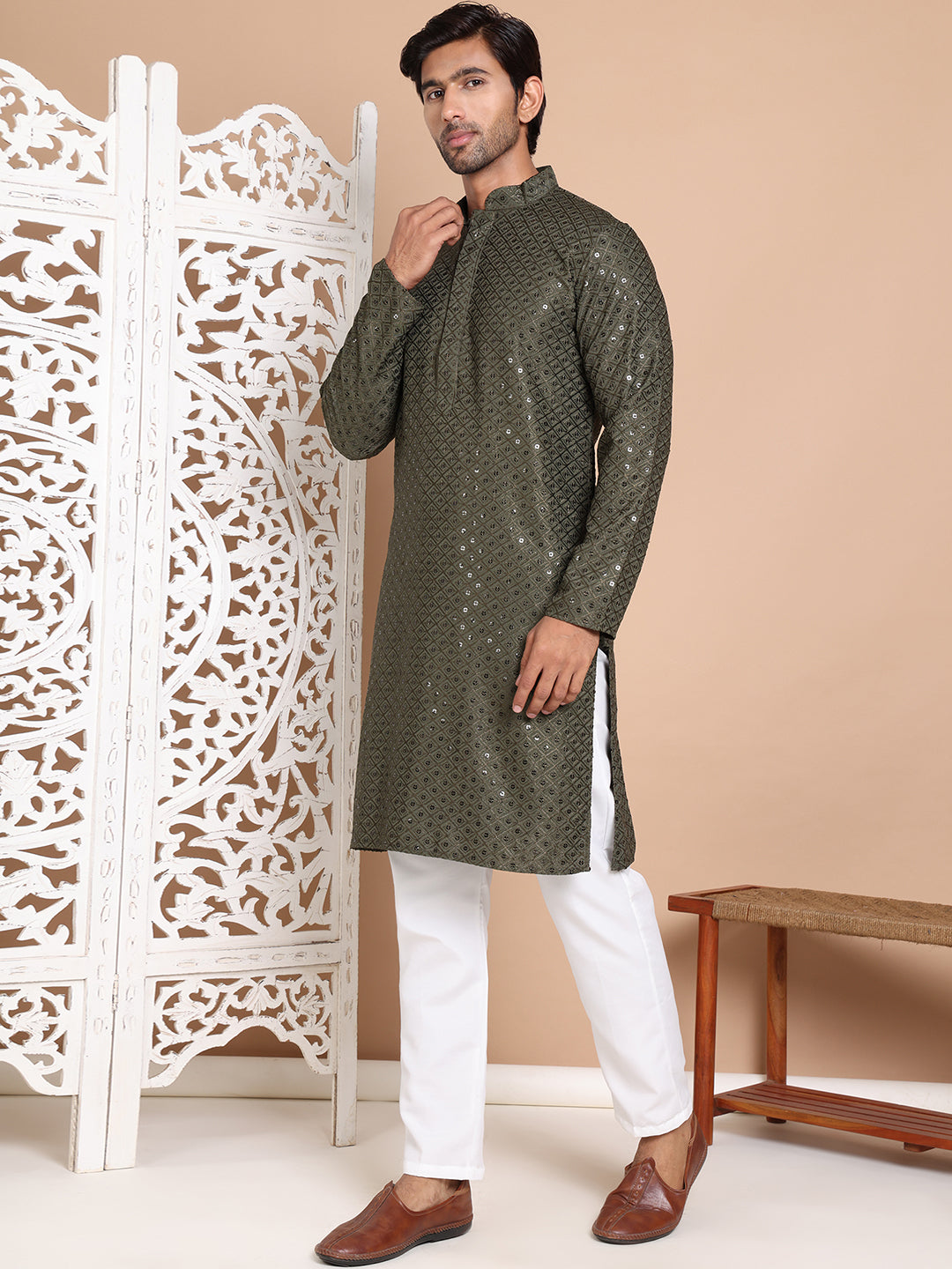Embroidered and Sequence Kurta with Pyjama For Men ( JOKP P 5098Mehndi ) [FF] [J-2-3]