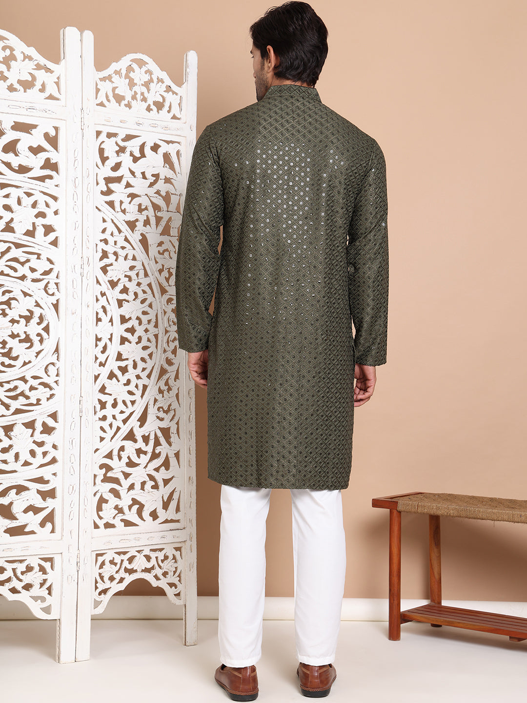 Embroidered and Sequence Kurta with Pyjama For Men ( JOKP P 5098Mehndi ) [FF] [J-2-3]