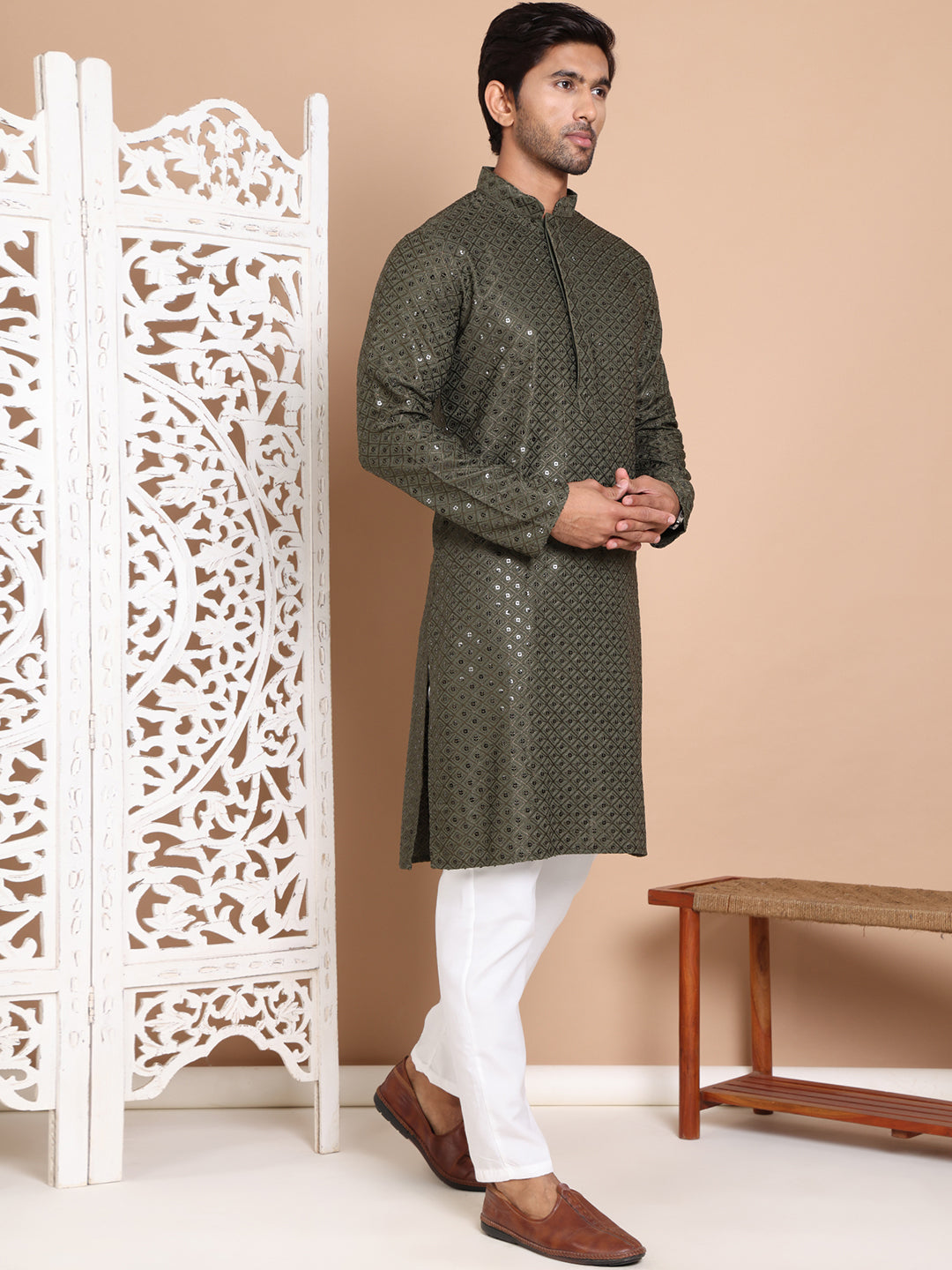 Embroidered and Sequence Kurta with Pyjama For Men ( JOKP P 5098Mehndi ) [FF] [J-2-3]