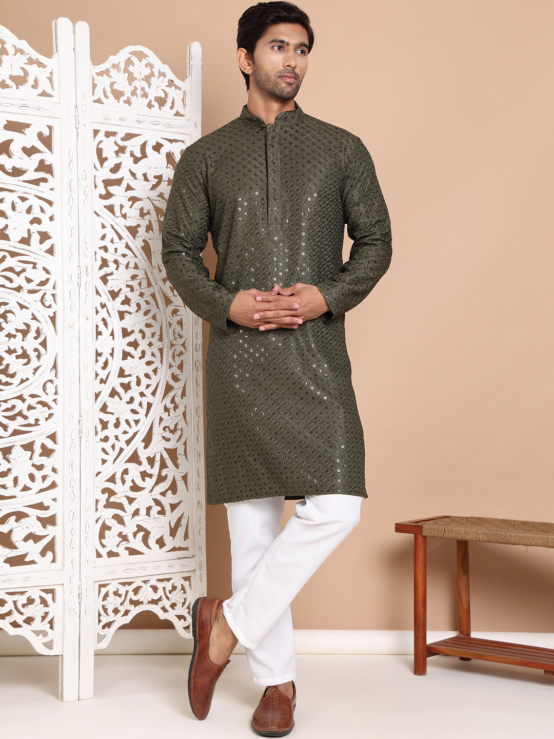 Embroidered and Sequence Kurta with Pyjama For Men ( JOKP P 5098Mehndi ) [FF] [J-2-3]
