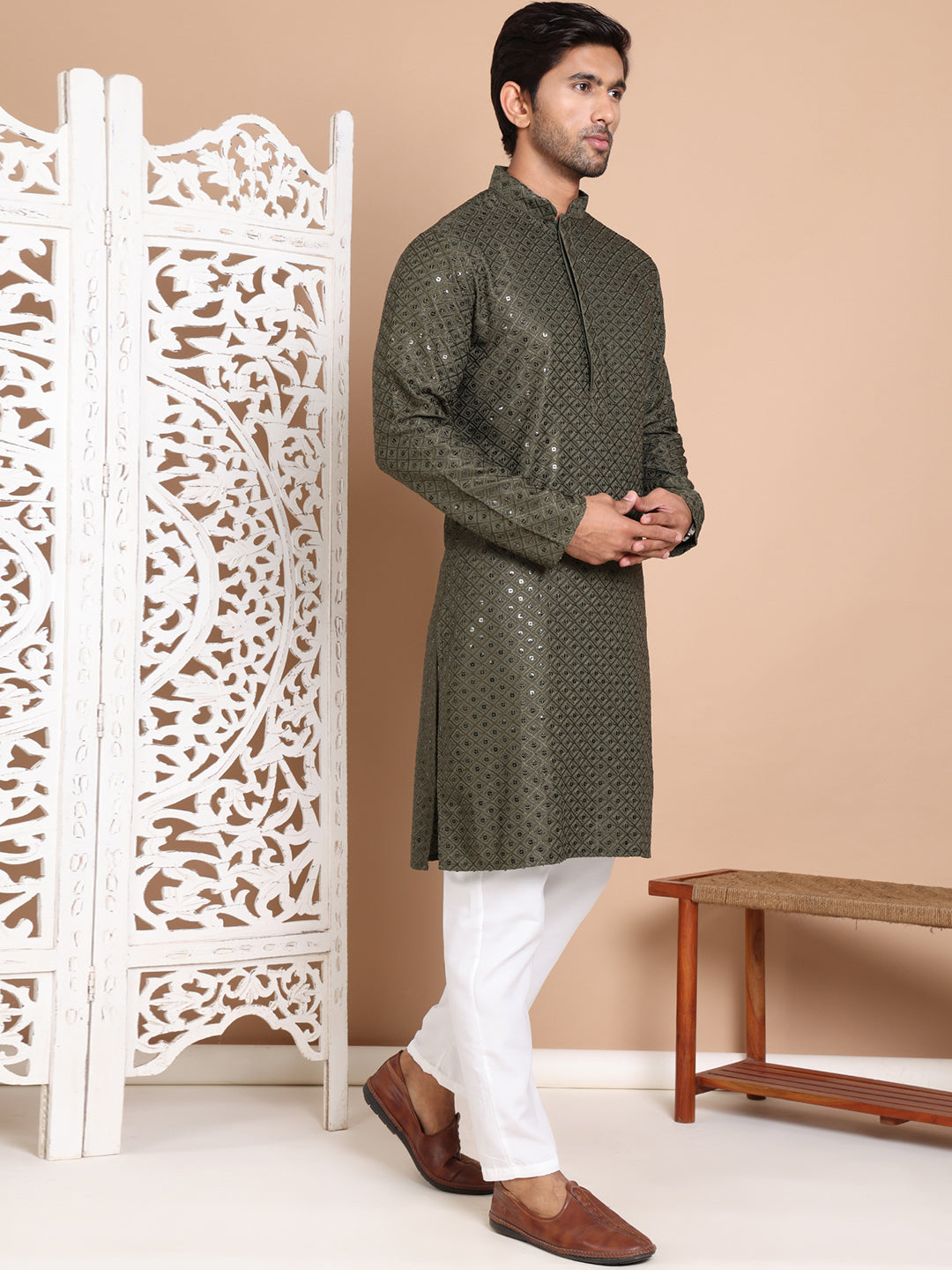 Embroidered and Sequence Kurta with Pyjama For Men ( JOKP P 5098Mehndi ) [FF] [J-2-3]