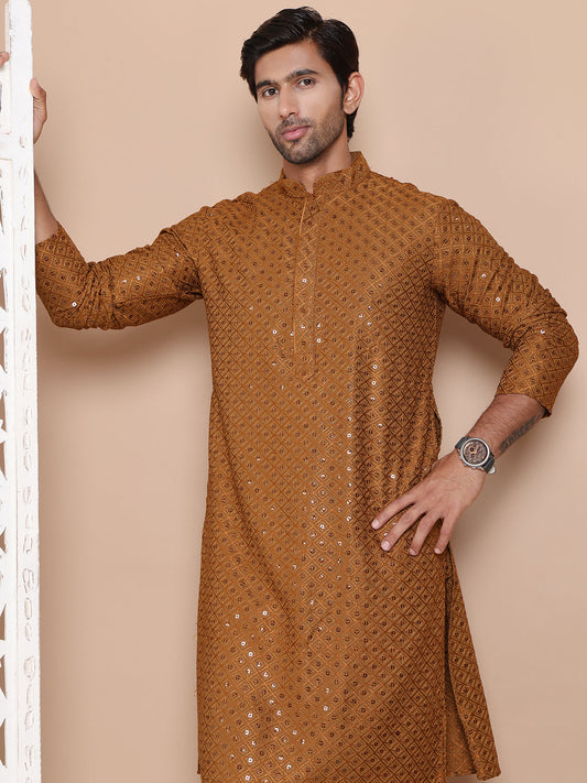 Embroidered and Sequence Kurta with Pyjama For Men ( JOKP P 5098Mustard ) [FF] [J-2-3]