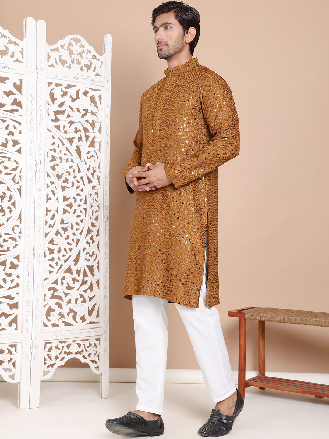 Embroidered and Sequence Kurta with Pyjama For Men ( JOKP P 5098Mustard ) [FF] [J-2-3]