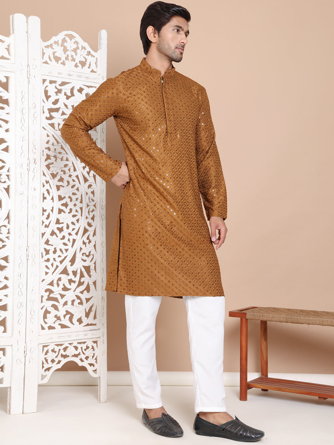 Embroidered and Sequence Kurta with Pyjama For Men ( JOKP P 5098Mustard ) [FF] [J-2-3]