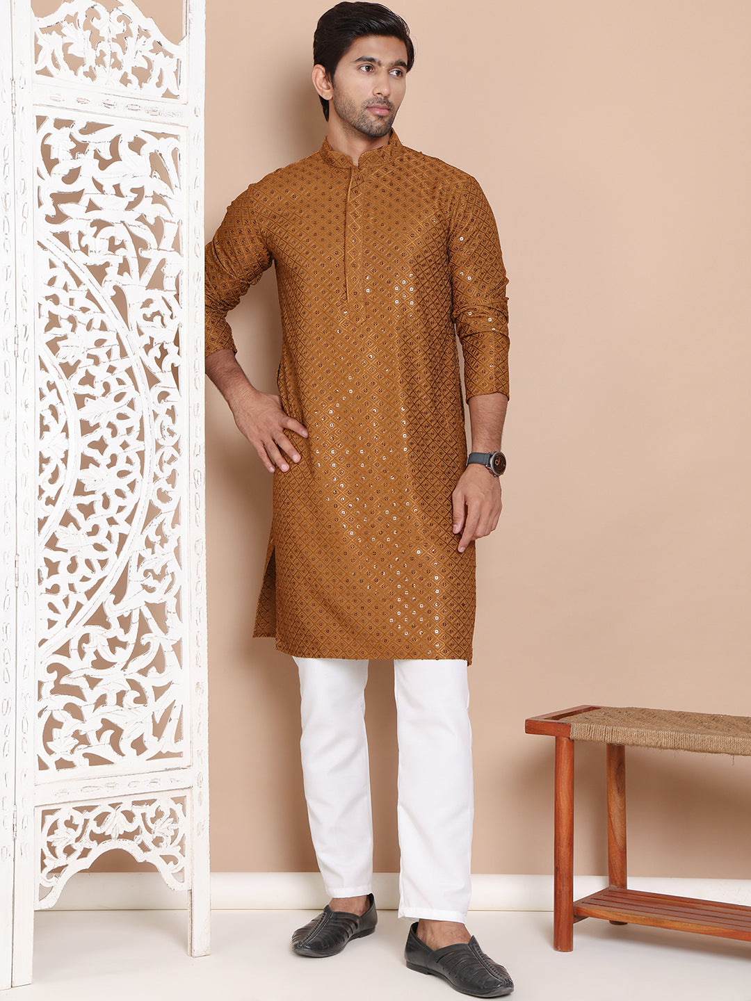 Embroidered and Sequence Kurta with Pyjama For Men ( JOKP P 5098Mustard ) [FF] [J-2-3]