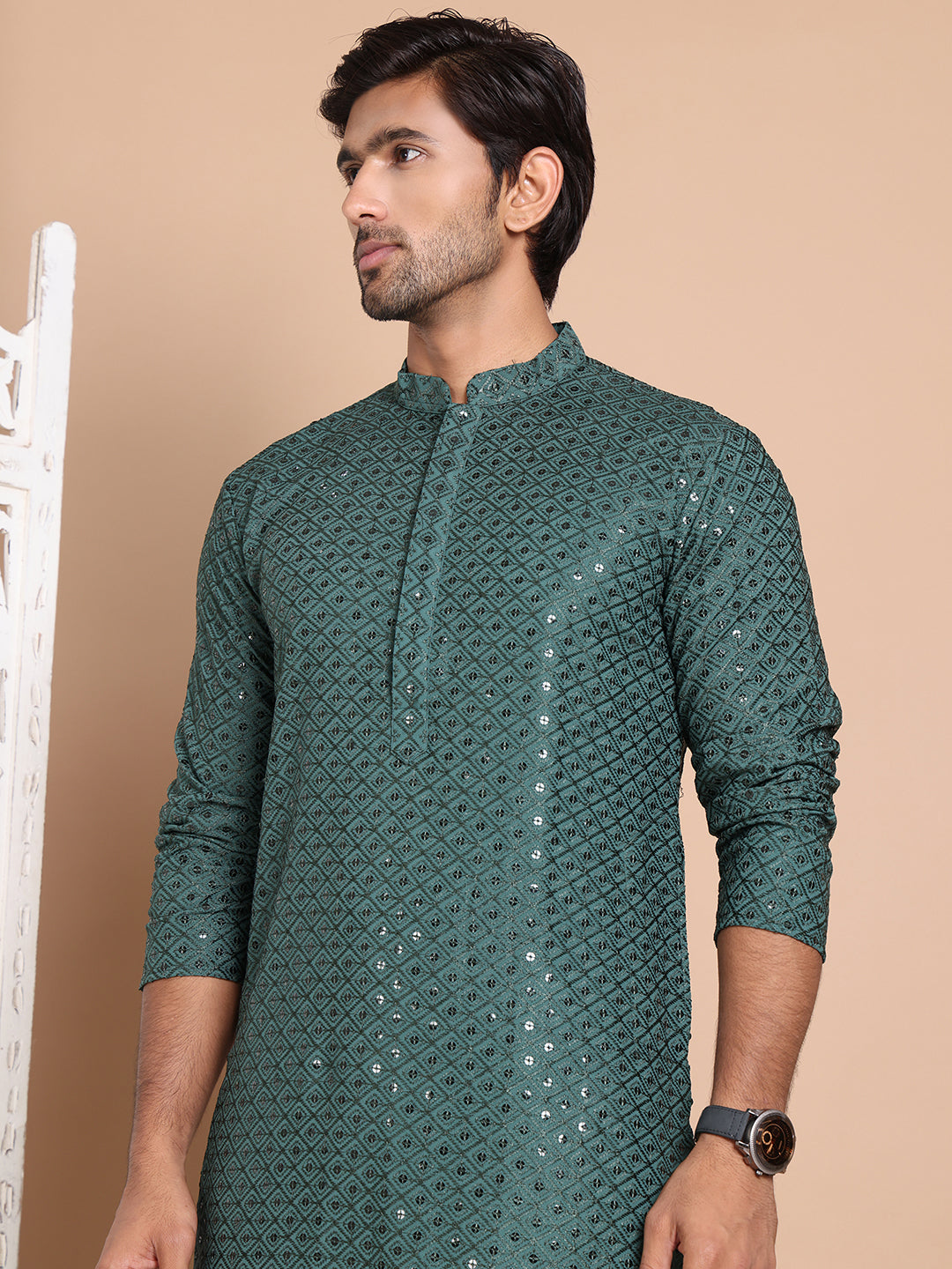Embroidered and Sequence Kurta with Pyjama For Men ( JOKP P 5098Olive )