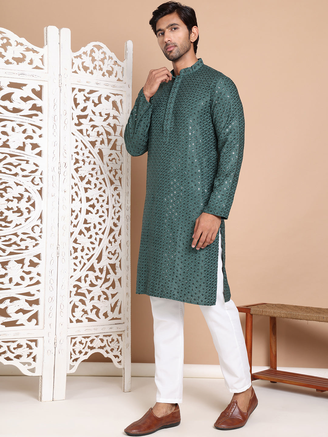 Embroidered and Sequence Kurta with Pyjama For Men ( JOKP P 5098Olive )