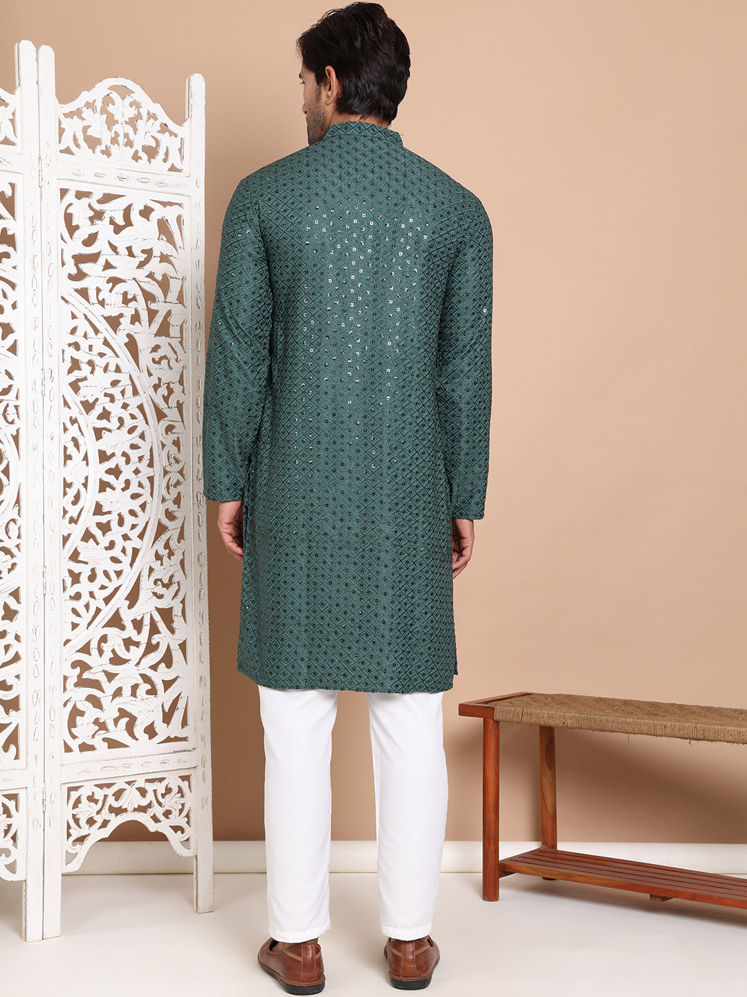 Embroidered and Sequence Kurta with Pyjama For Men ( JOKP P 5098Olive )
