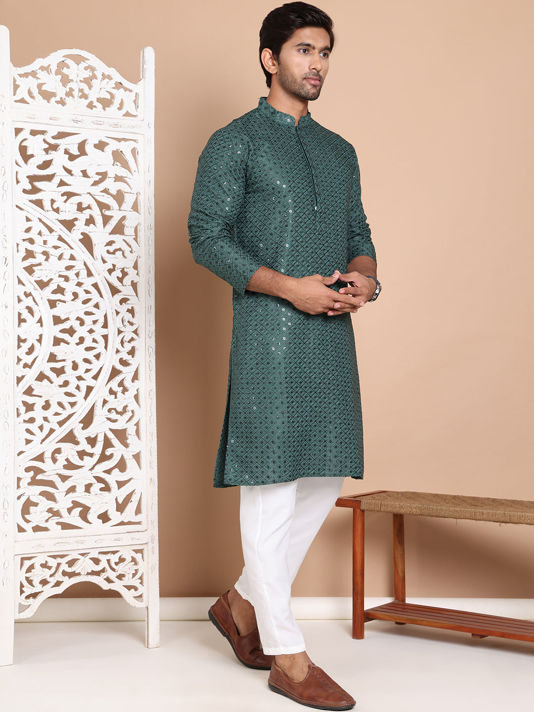 Embroidered and Sequence Kurta with Pyjama For Men ( JOKP P 5098Olive )