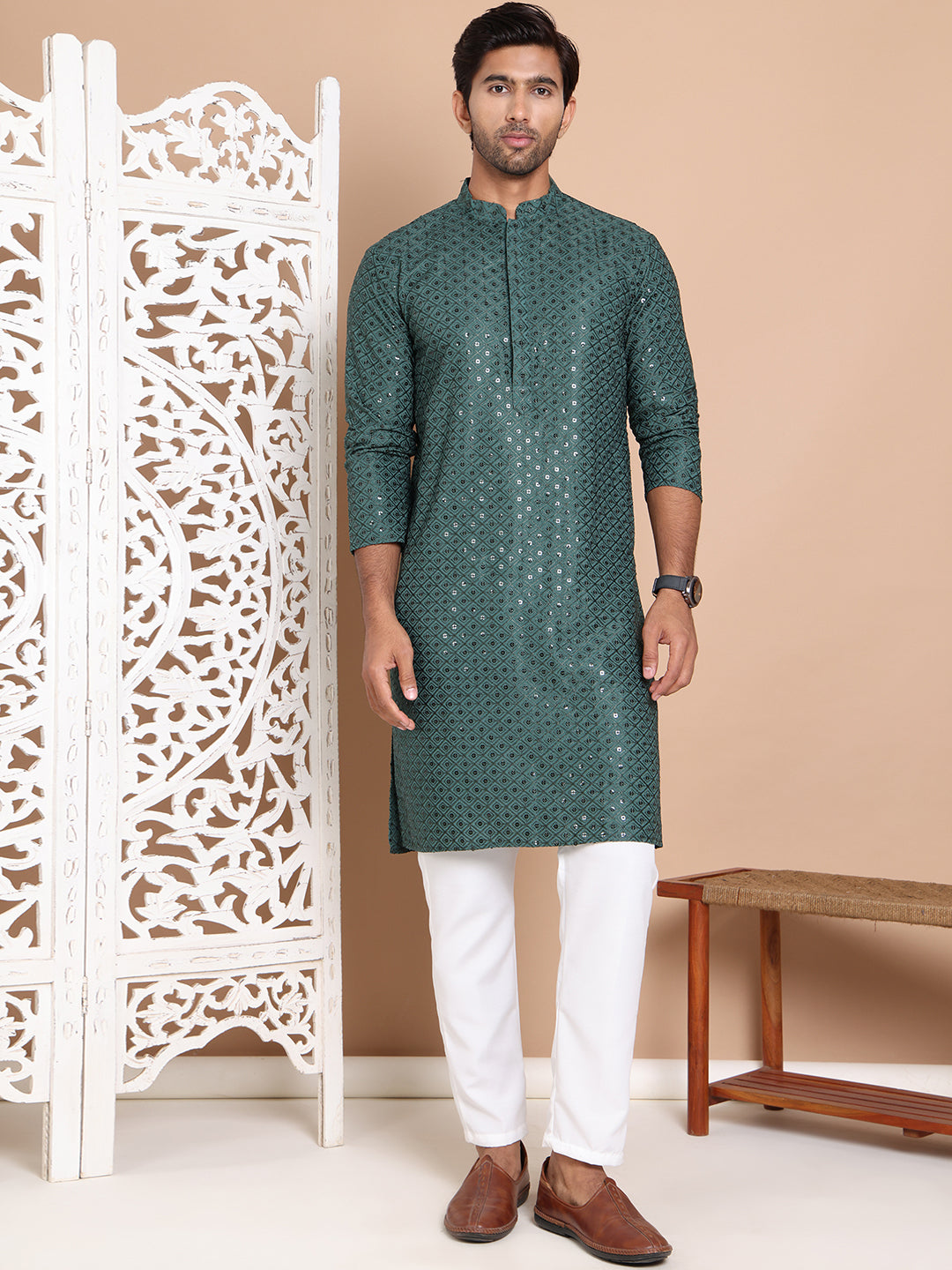 Embroidered and Sequence Kurta with Pyjama For Men ( JOKP P 5098Olive )