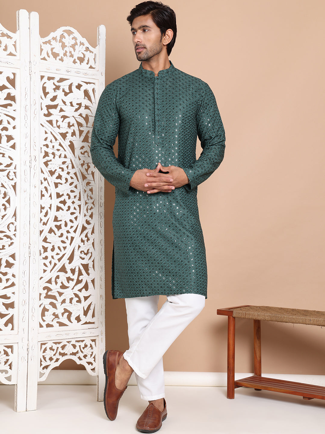 Embroidered and Sequence Kurta with Pyjama For Men ( JOKP P 5098Olive )