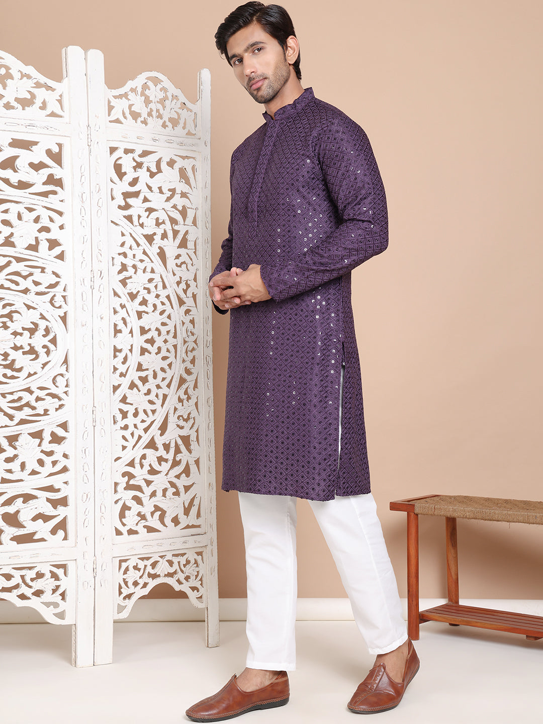 Embroidered and Sequence Kurta with Pyjama For Men ( JOKP P 5098Purple ) [FF] [J-2-3]