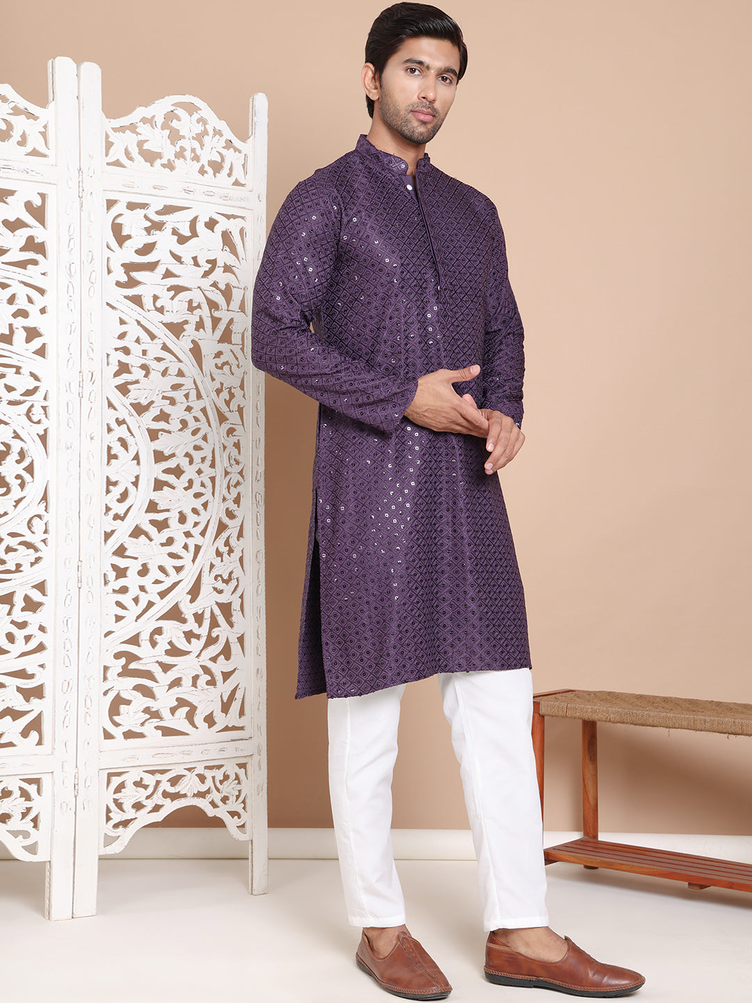 Embroidered and Sequence Kurta with Pyjama For Men ( JOKP P 5098Purple ) [FF] [J-2-3]