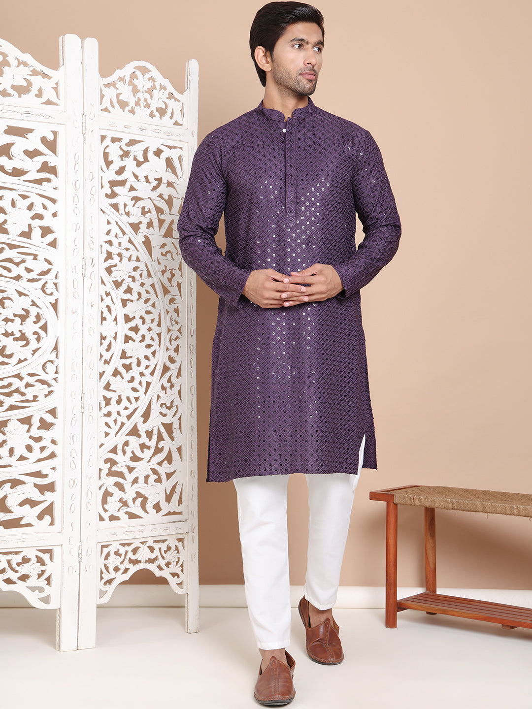 Embroidered and Sequence Kurta with Pyjama For Men ( JOKP P 5098Purple ) [FF] [J-2-3]