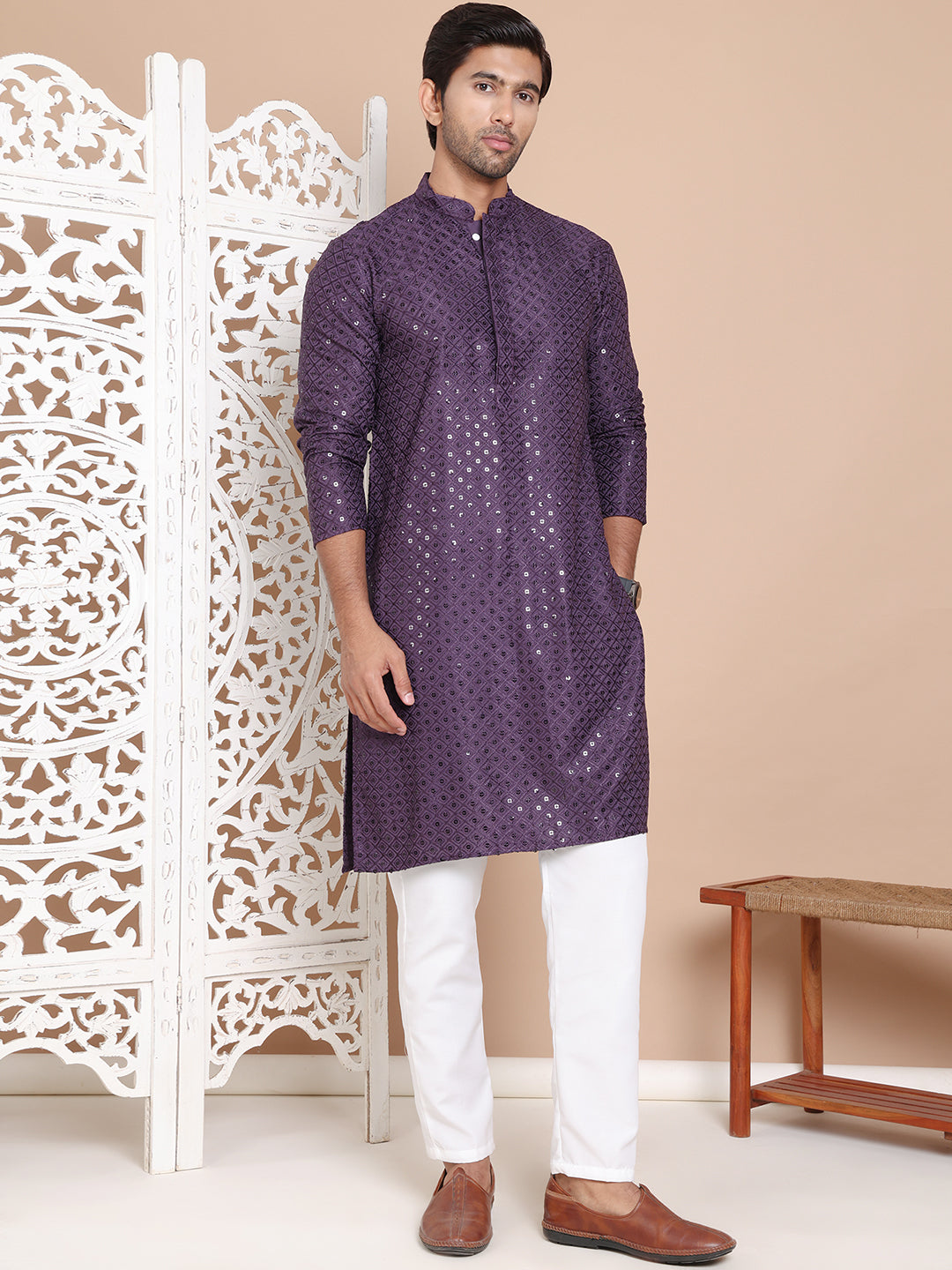 Embroidered and Sequence Kurta with Pyjama For Men ( JOKP P 5098Purple ) [FF] [J-2-3]