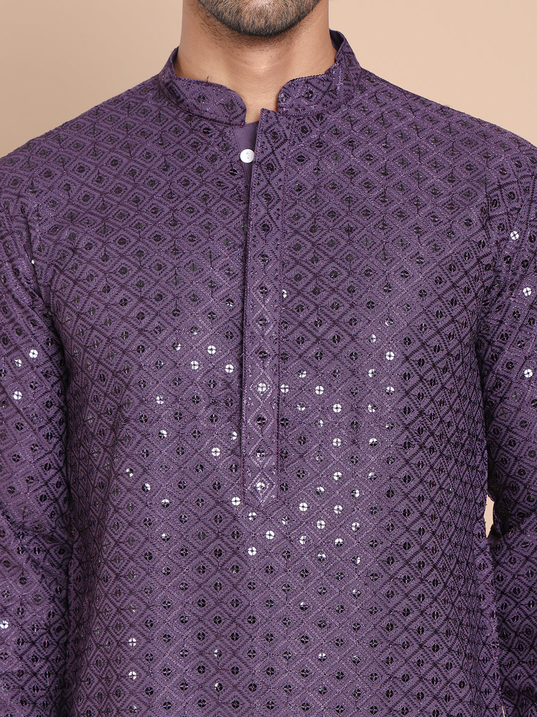 Embroidered and Sequence Kurta with Pyjama For Men ( JOKP P 5098Purple ) [FF] [J-2-3]