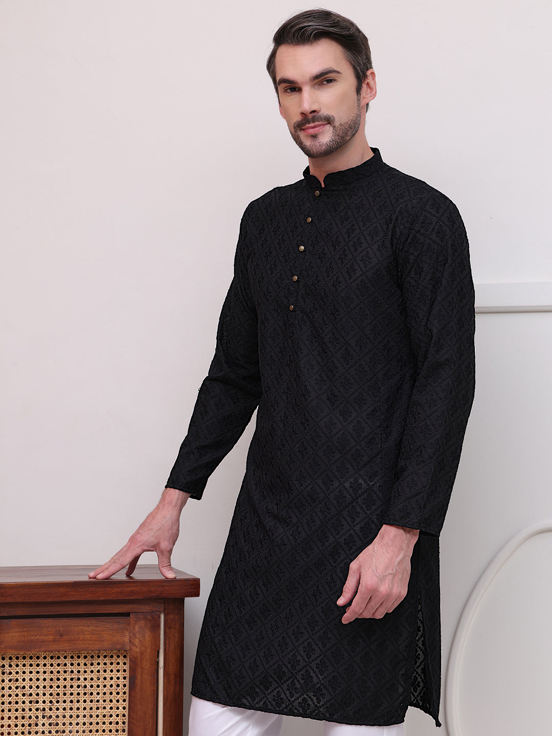 Embroidered Cotton Kurta with Pyjama ( JOKP P 5099Black )