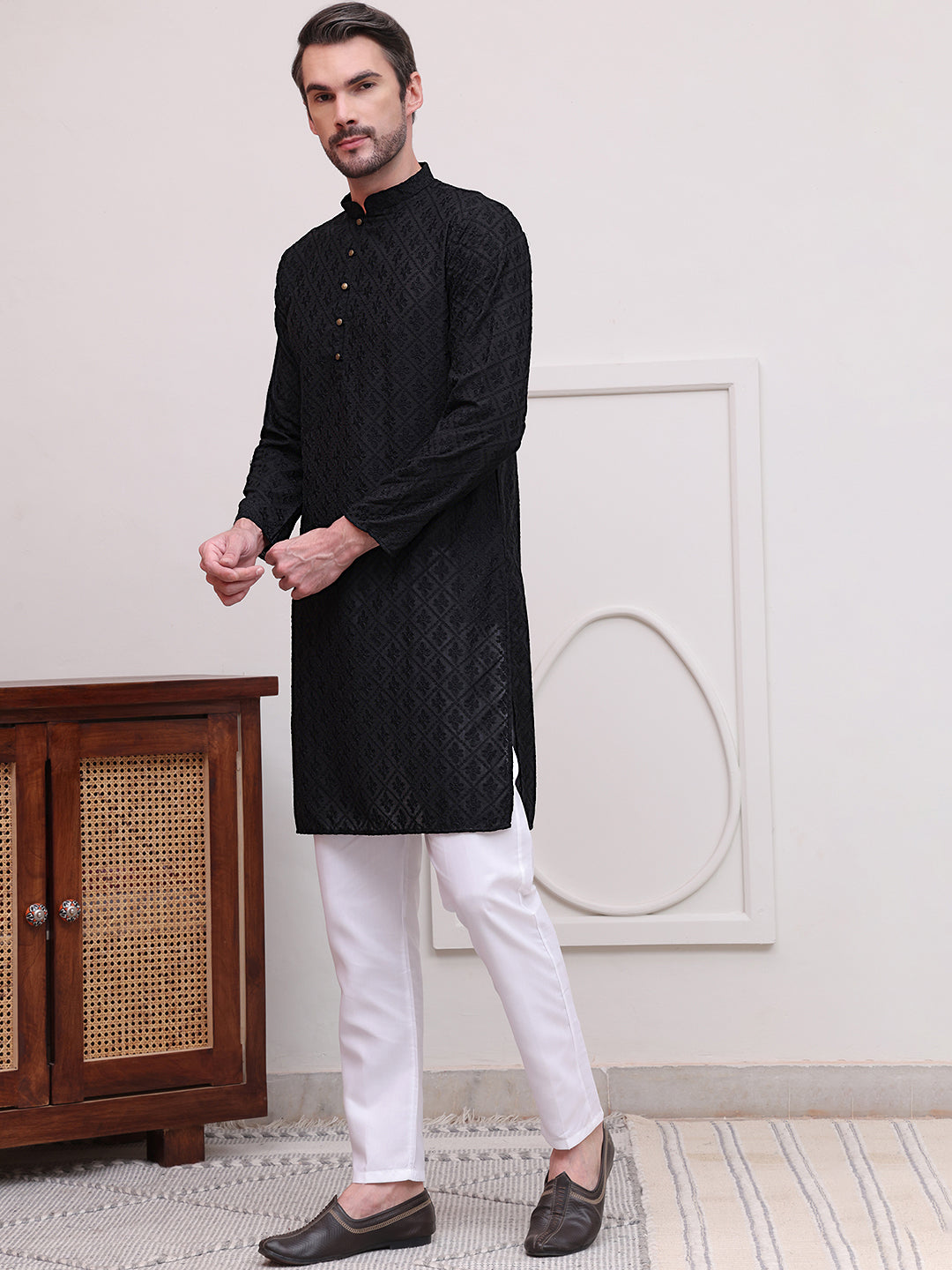 Embroidered Cotton Kurta with Pyjama ( JOKP P 5099Black )