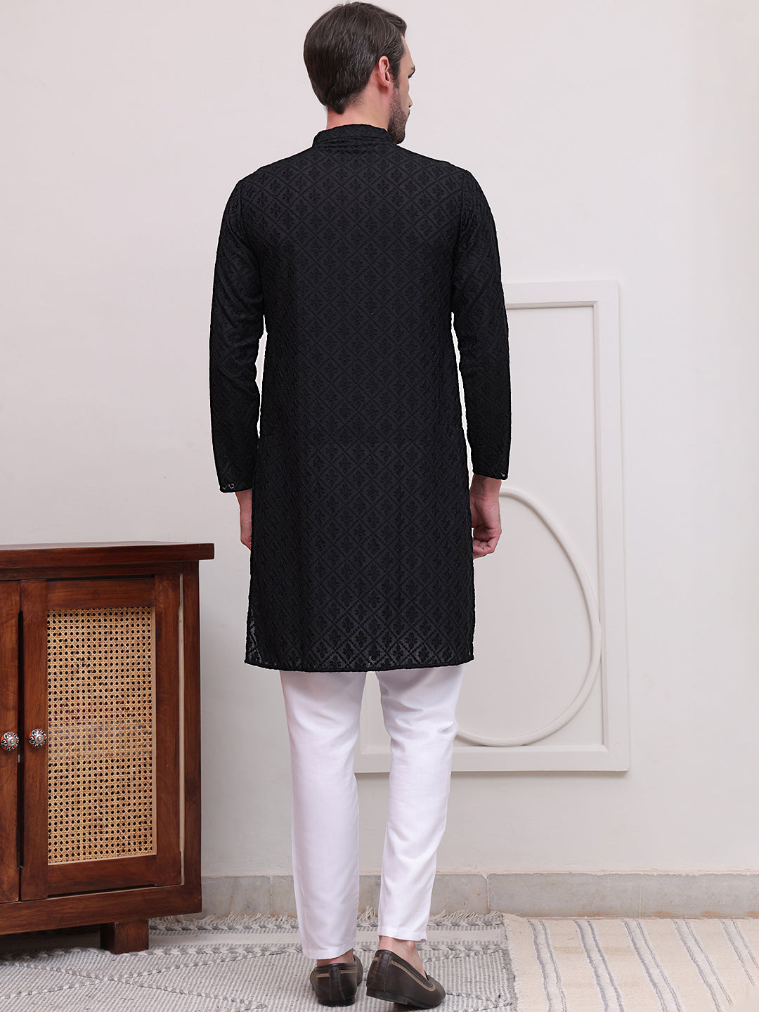Embroidered Cotton Kurta with Pyjama ( JOKP P 5099Black )