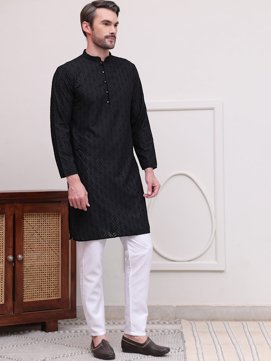 Embroidered Cotton Kurta with Pyjama ( JOKP P 5099Black )