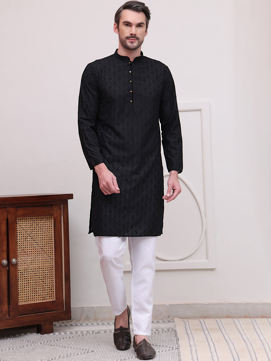 Embroidered Cotton Kurta with Pyjama ( JOKP P 5099Black )