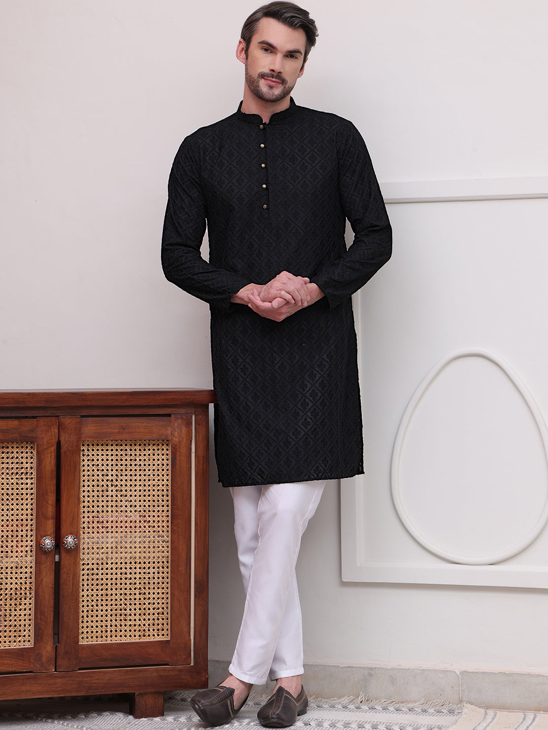 Embroidered Cotton Kurta with Pyjama ( JOKP P 5099Black )