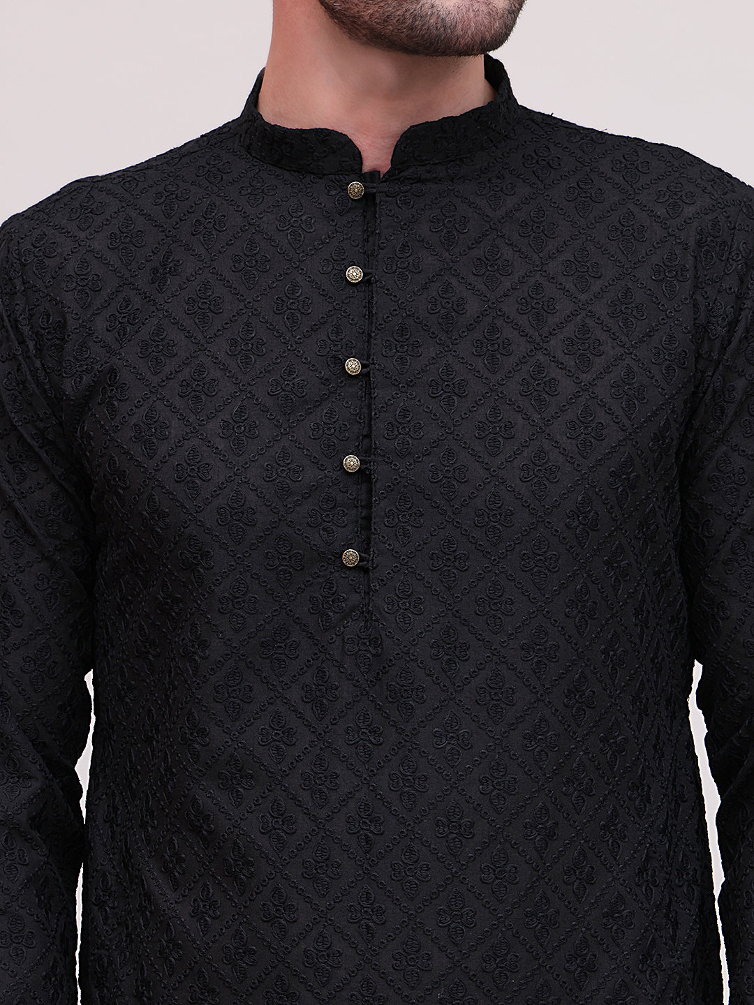 Embroidered Cotton Kurta with Pyjama ( JOKP P 5099Black )