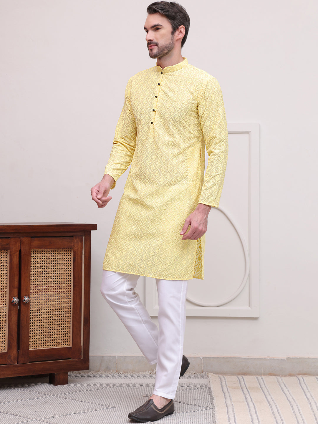 Embroidered Cotton Kurta with Pyjama ( JOKP P 5099Lemon )