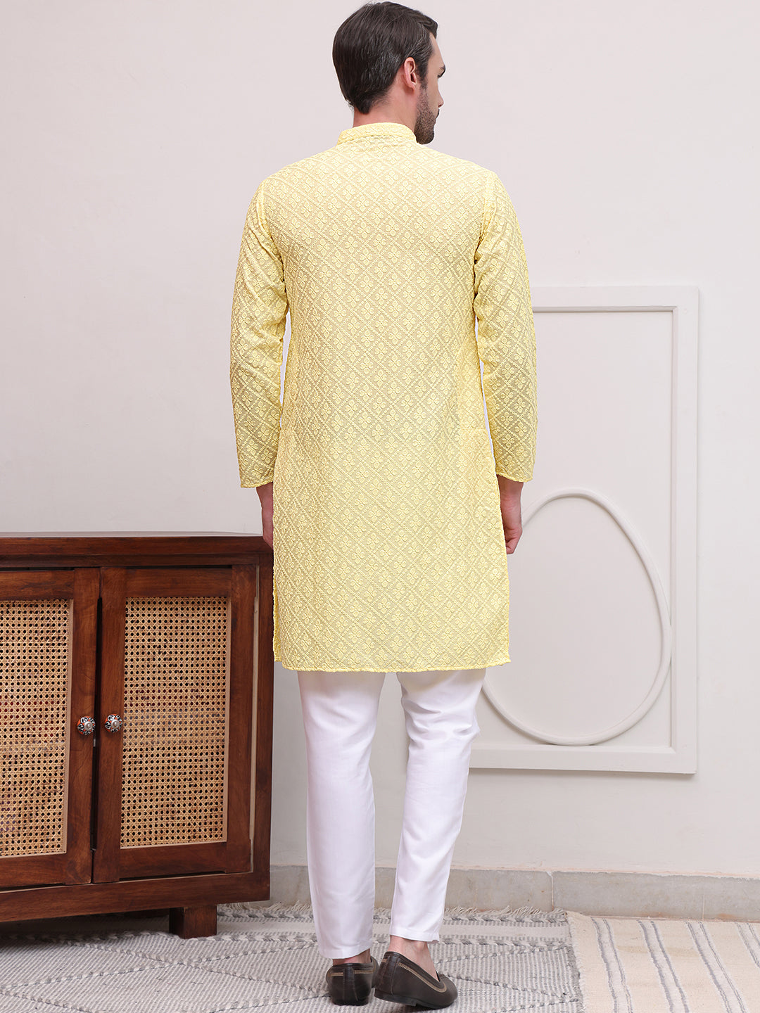 Embroidered Cotton Kurta with Pyjama ( JOKP P 5099Lemon )