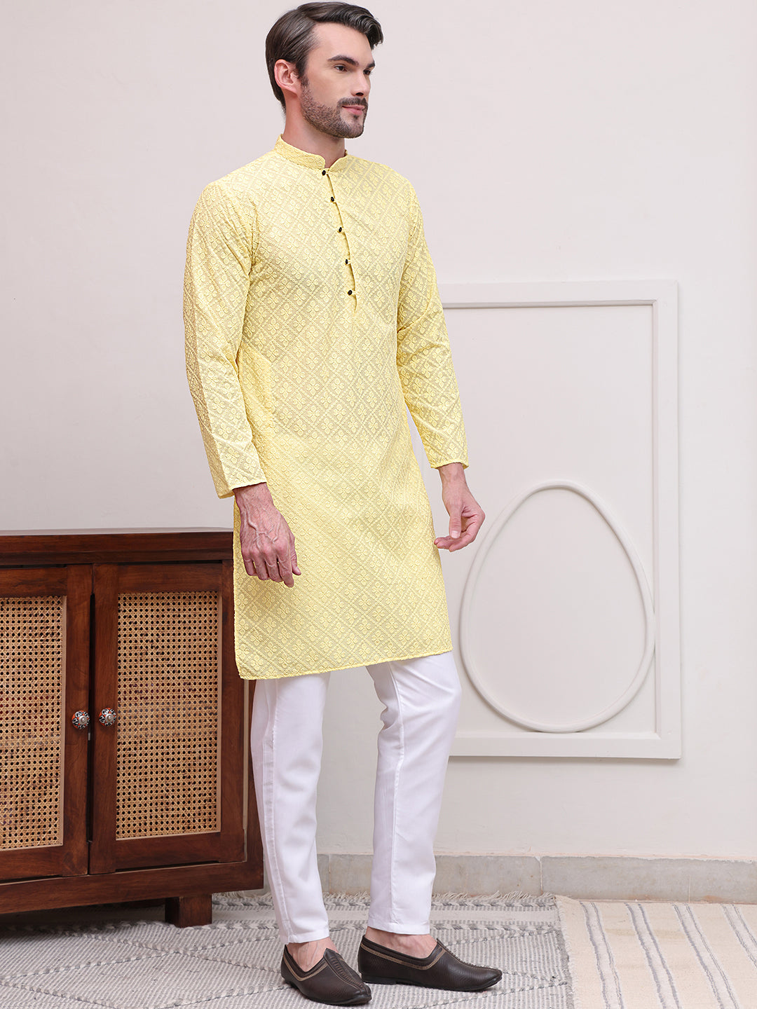 Embroidered Cotton Kurta with Pyjama ( JOKP P 5099Lemon )