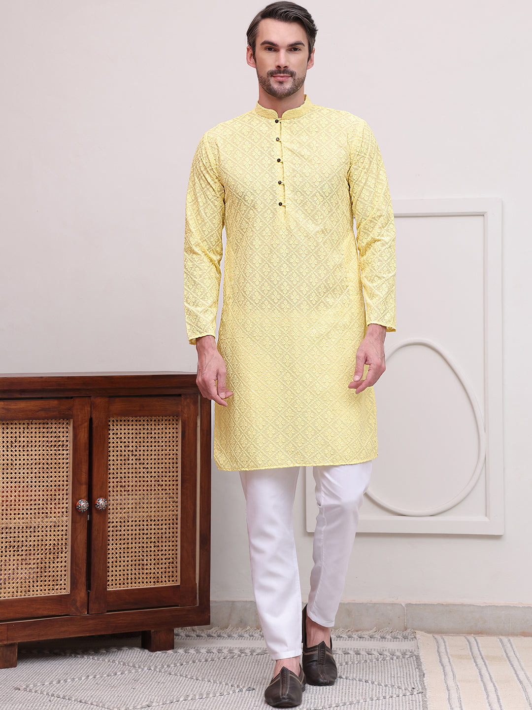 Embroidered Cotton Kurta with Pyjama ( JOKP P 5099Lemon )