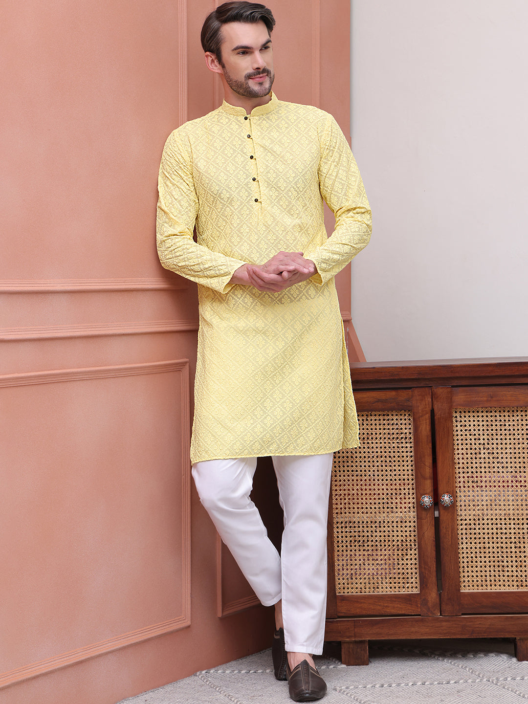 Embroidered Cotton Kurta with Pyjama ( JOKP P 5099Lemon )