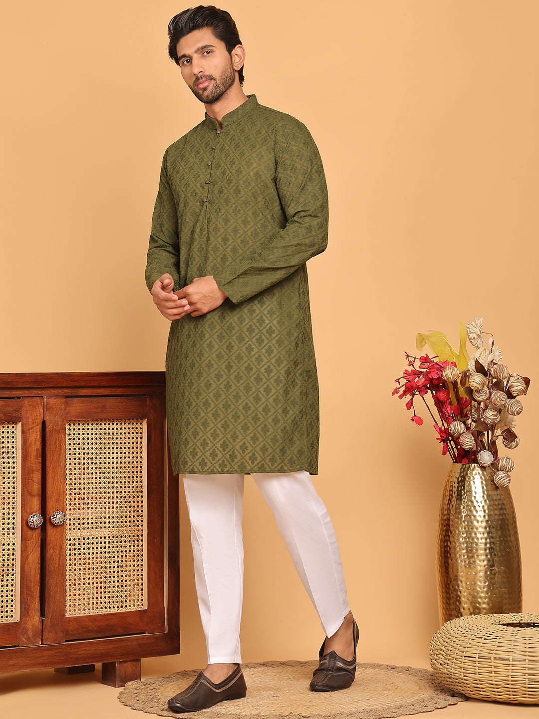 Embroidered Cotton Kurta with Pyjama ( JOKP P 5099 Olive )