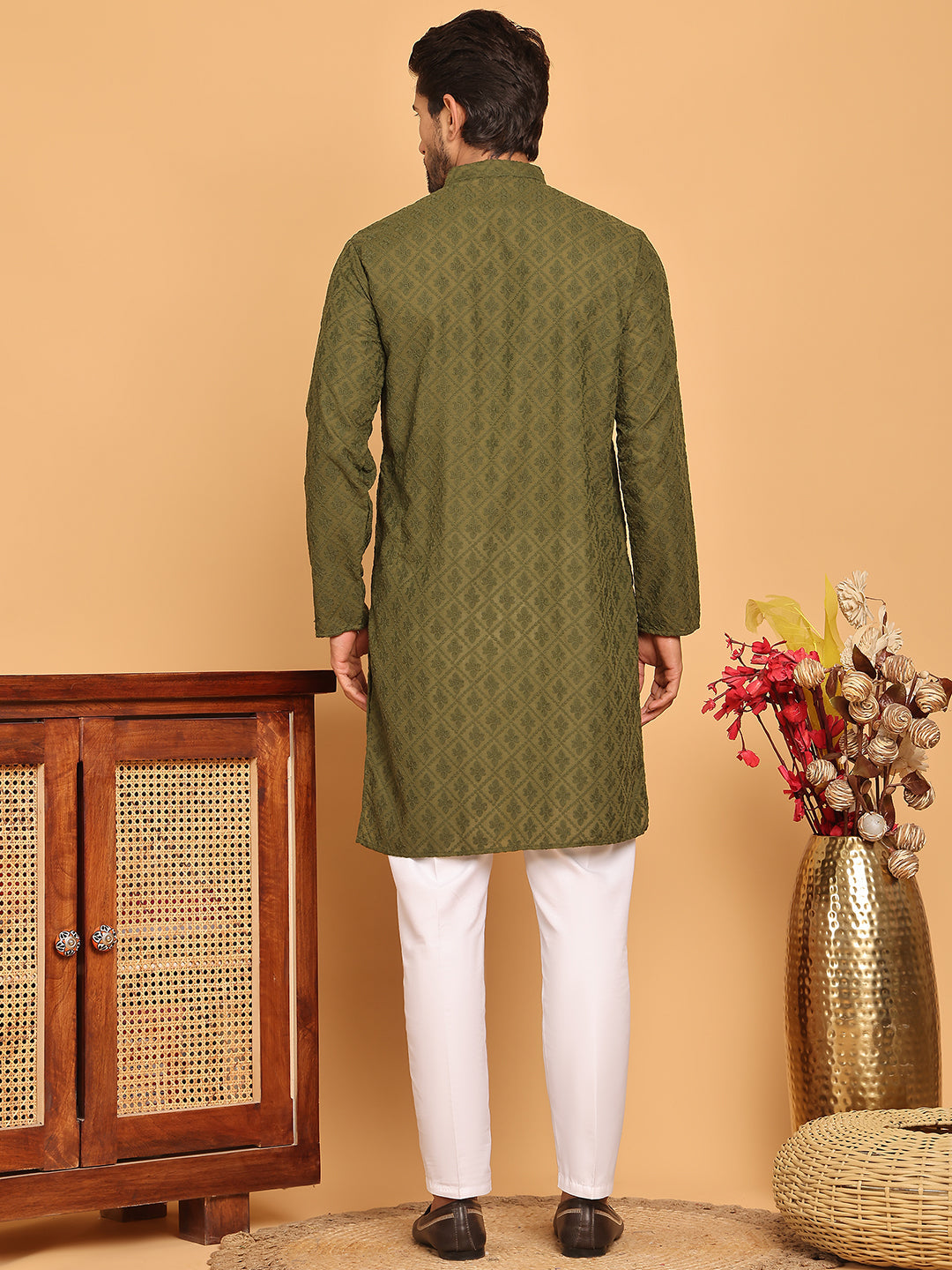 Embroidered Cotton Kurta with Pyjama ( JOKP P 5099 Olive )