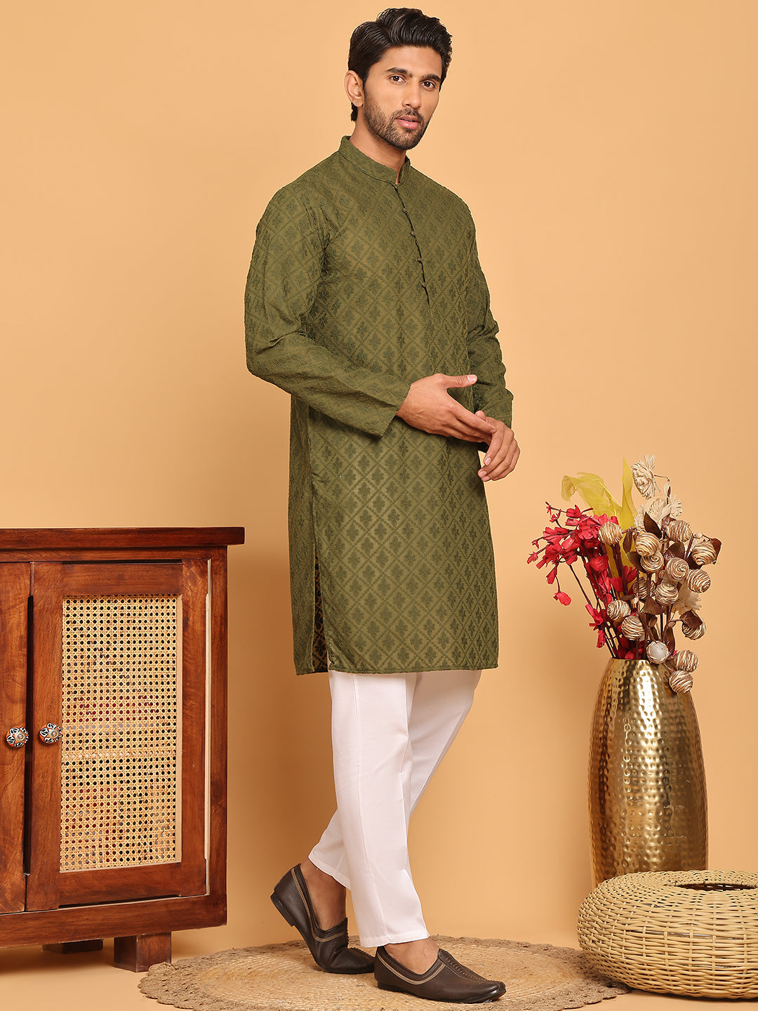 Embroidered Cotton Kurta with Pyjama ( JOKP P 5099 Olive )