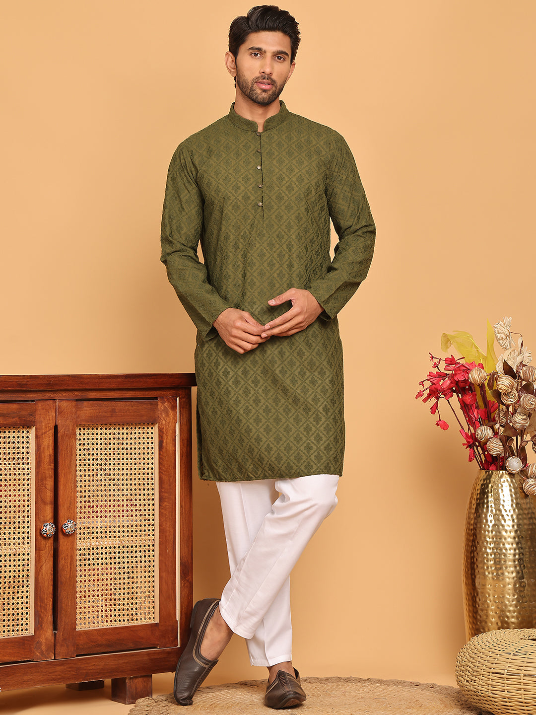 Embroidered Cotton Kurta with Pyjama ( JOKP P 5099 Olive )