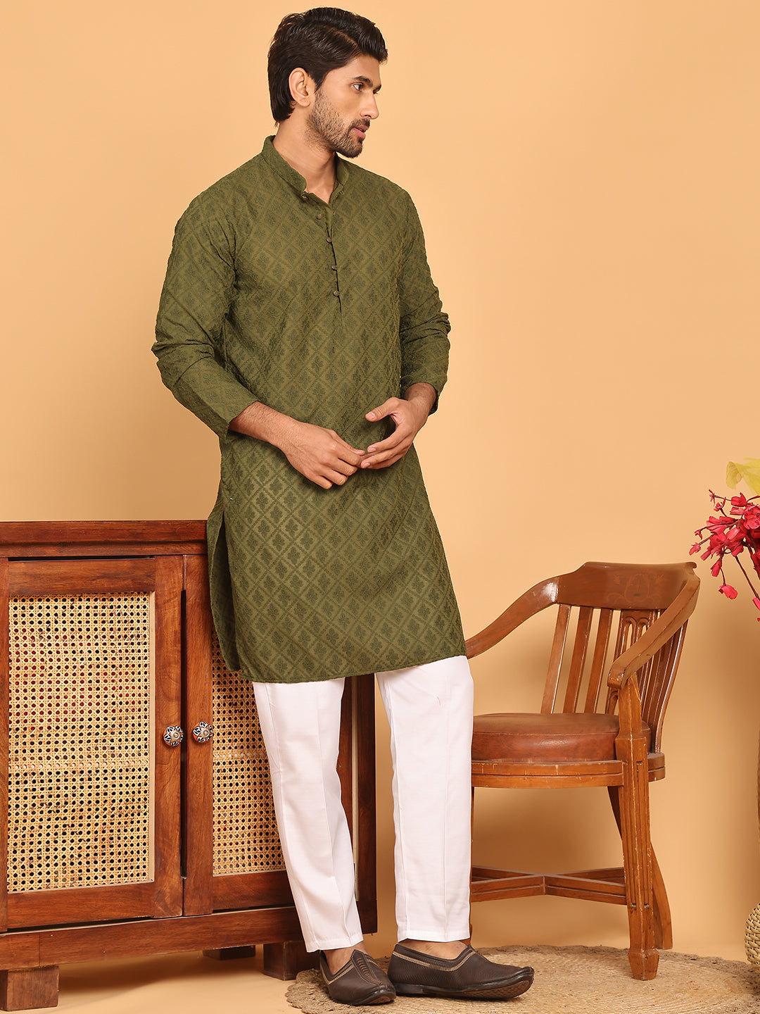 Embroidered Cotton Kurta with Pyjama ( JOKP P 5099 Olive )