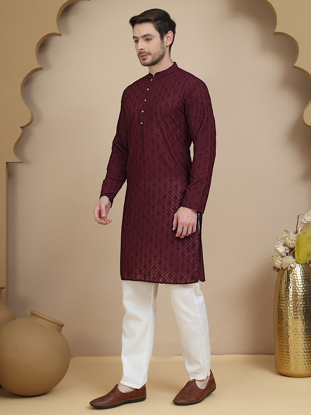 Embroidered Cotton Kurta with Pyjama ( JOKP P 5099 Purple )
