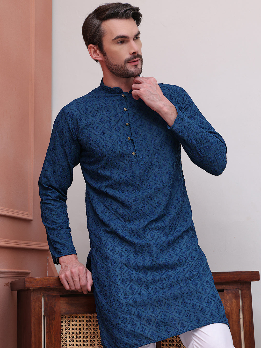 Embroidered Cotton Kurta with Pyjama ( JOKP P 5099Teal )