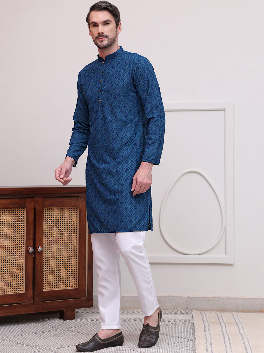 Embroidered Cotton Kurta with Pyjama ( JOKP P 5099Teal )