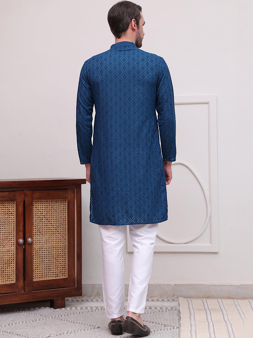Embroidered Cotton Kurta with Pyjama ( JOKP P 5099Teal )