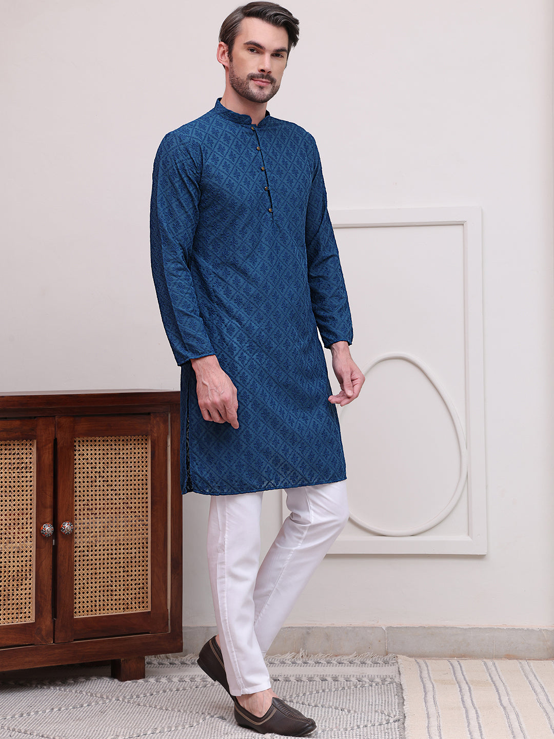 Embroidered Cotton Kurta with Pyjama ( JOKP P 5099Teal )