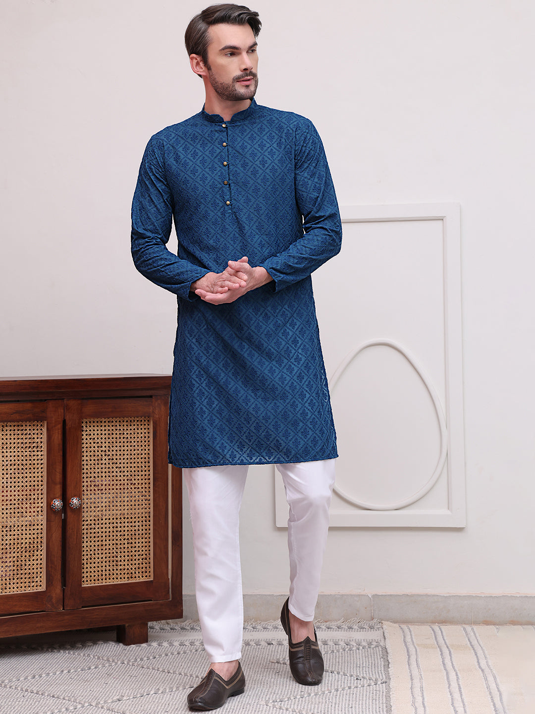Embroidered Cotton Kurta with Pyjama ( JOKP P 5099Teal )