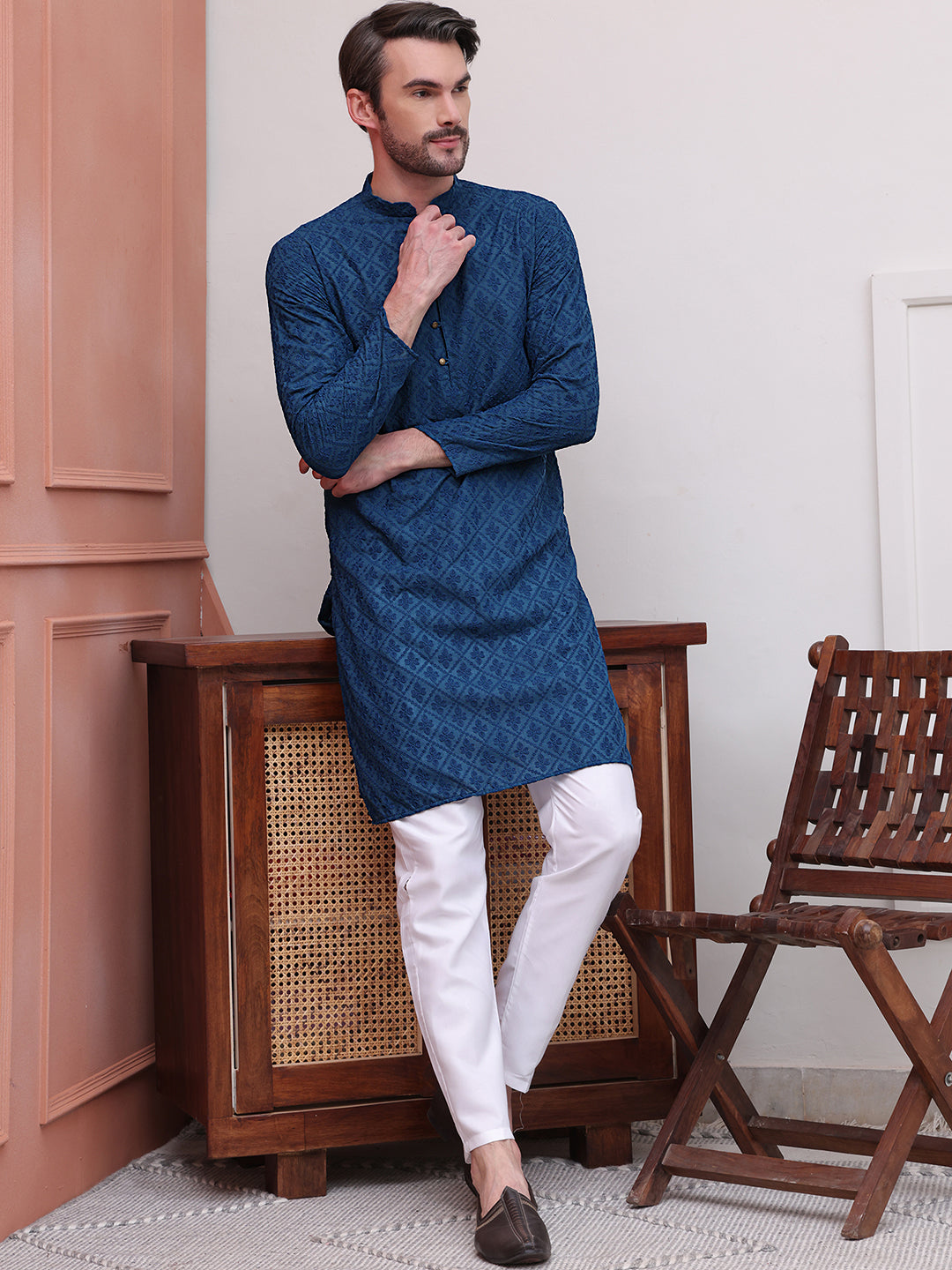 Embroidered Cotton Kurta with Pyjama ( JOKP P 5099Teal )
