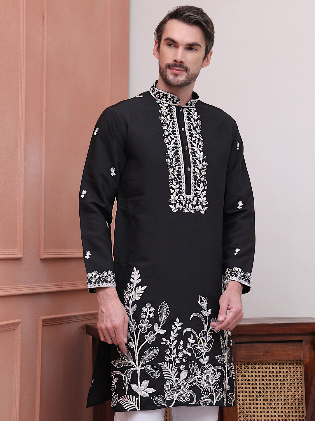 Floral Embroidered Kurta Pyjama Set ( JOKP P 5100Black )