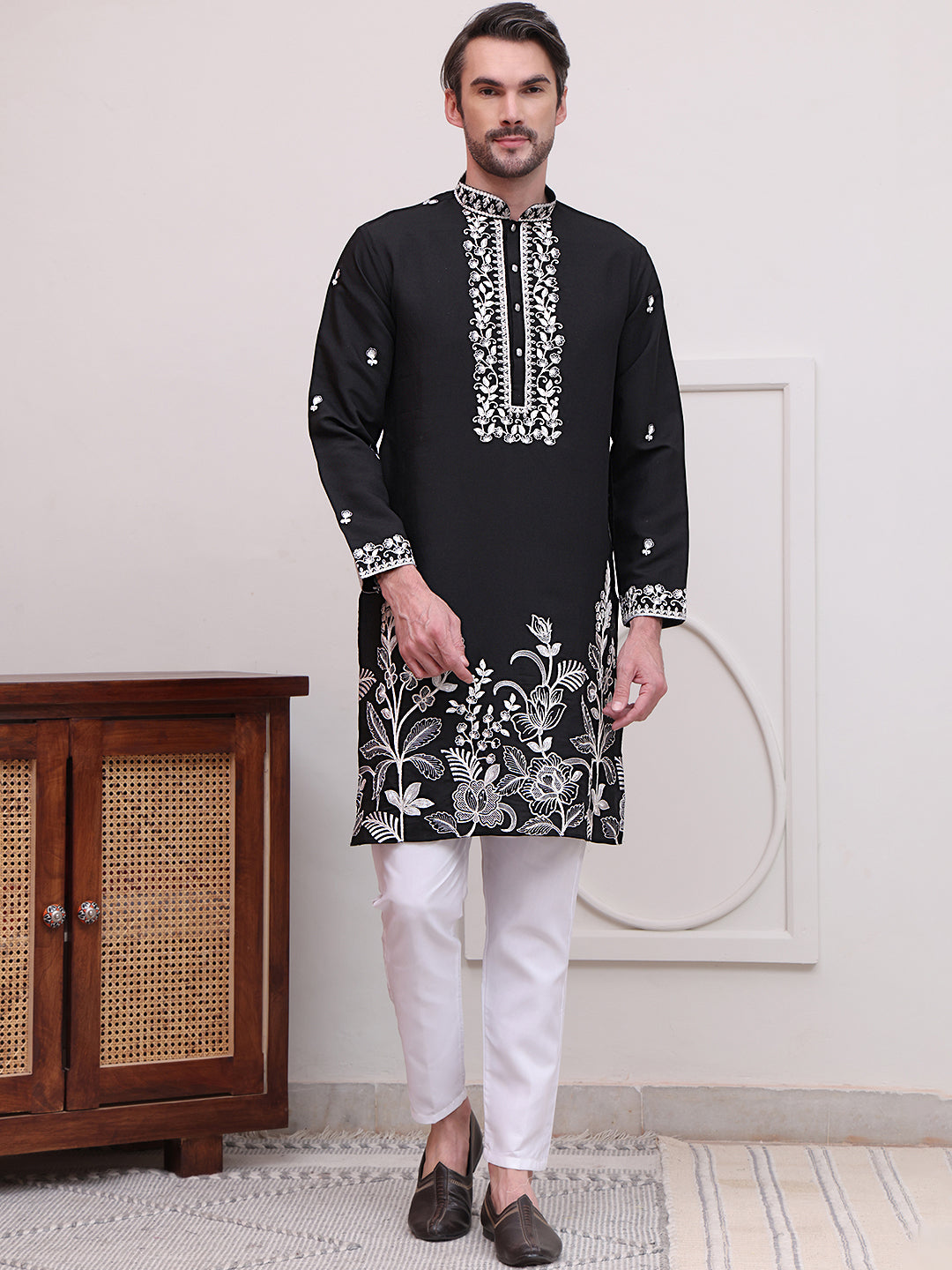 Floral Embroidered Kurta Pyjama Set ( JOKP P 5100Black )
