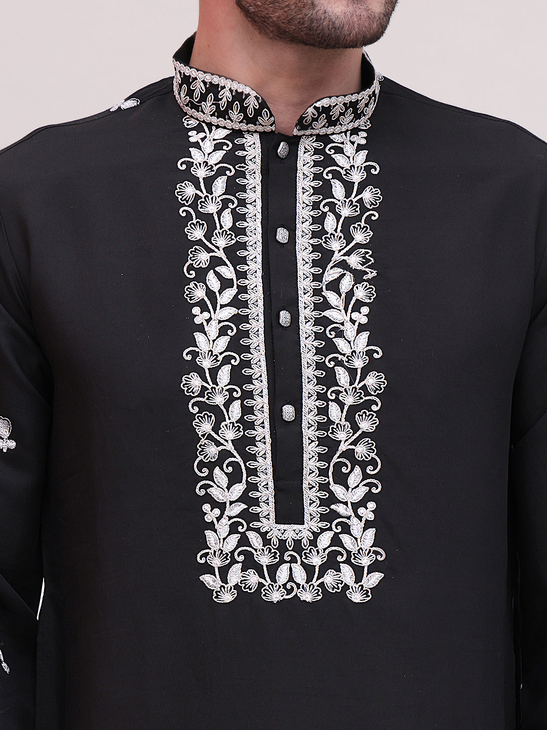 Floral Embroidered Kurta Pyjama Set ( JOKP P 5100Black )
