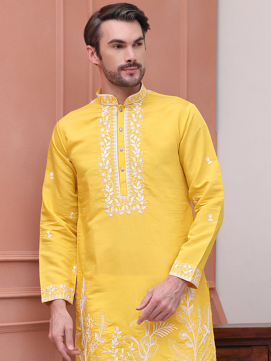 Floral Embroidered Kurta Pyjama Set ( JOKP P 5100Yellow )