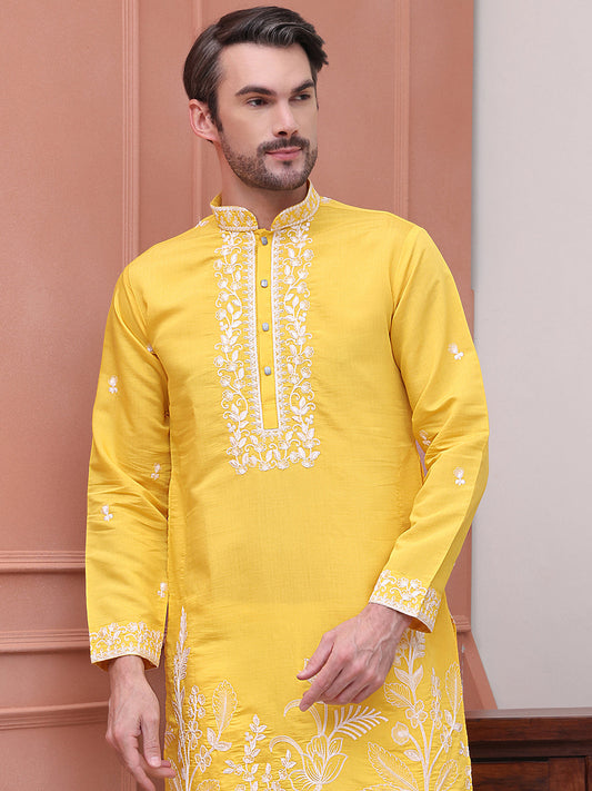 Floral Embroidered Kurta Pyjama Set ( JOKP P 5100Yellow )